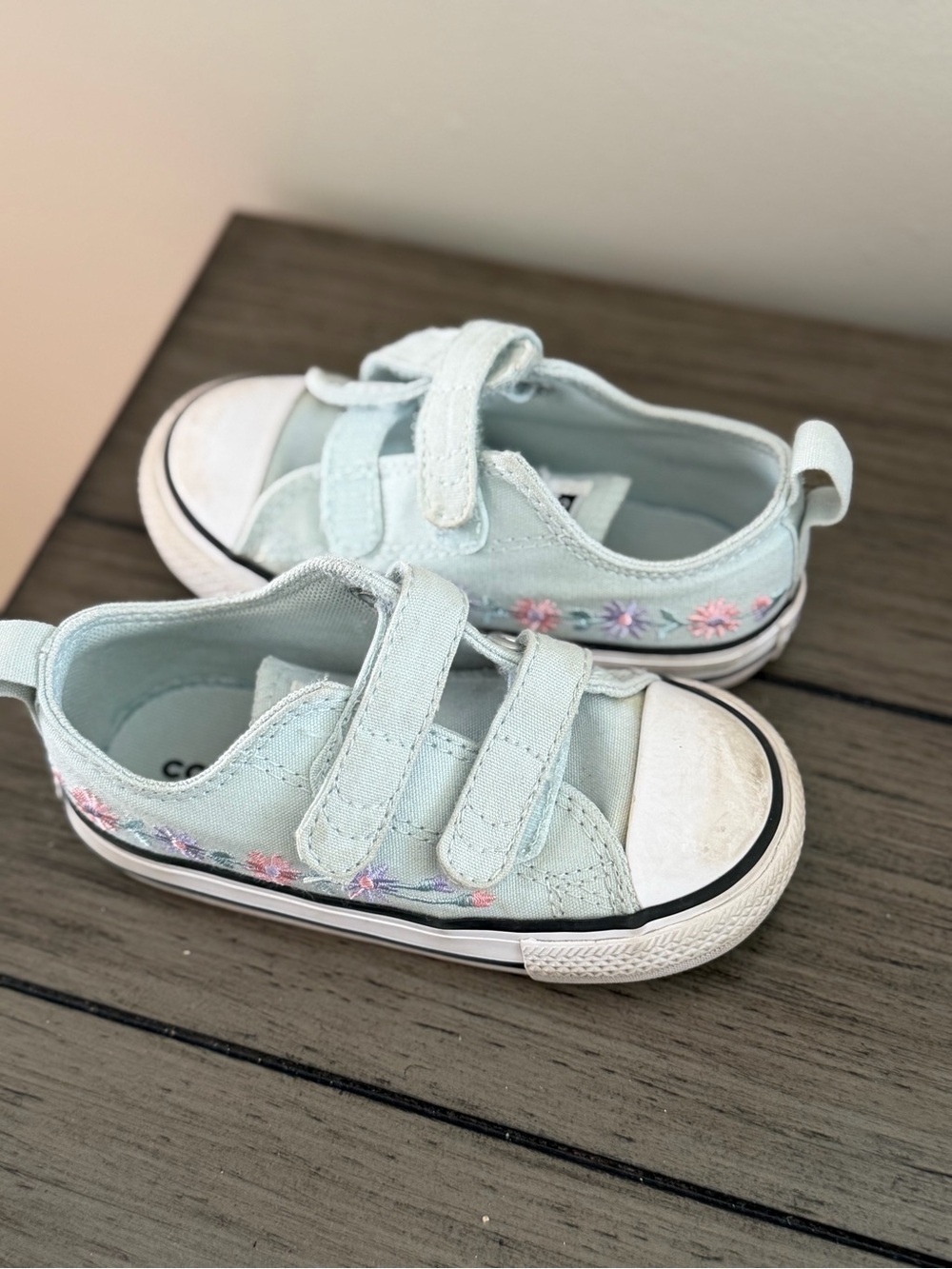 Converse Kids Light Aqua Canvas Sneakers with Pink & Purple Floral Embroidery